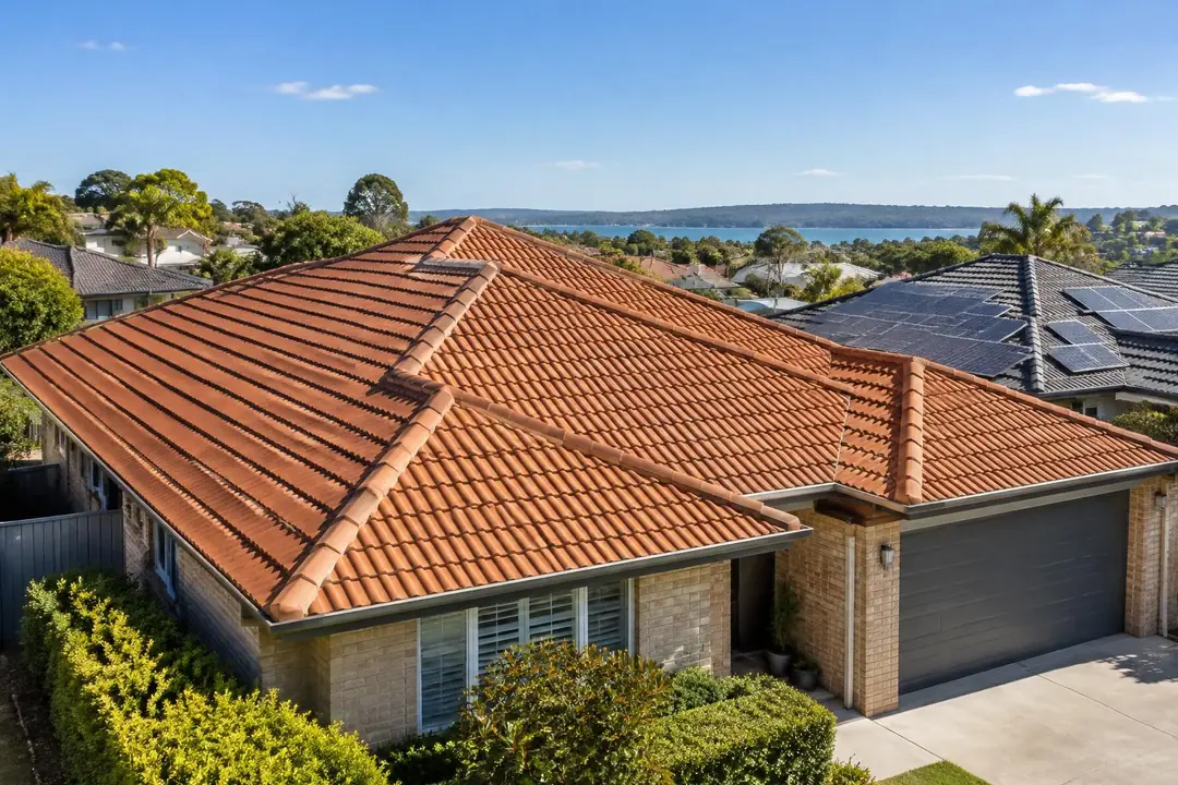 Terracotta tile roof on a suburban house